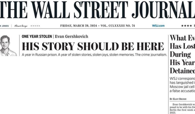 WSJ Marks Evan Gershkovich’s 1-Year Detention With Stunning Blank Front Page